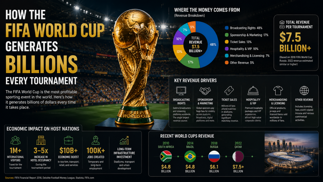 FIFA World Cup revenue infographic showing broadcasting rights, sponsorships, tourism, ticket sales and merchandise income